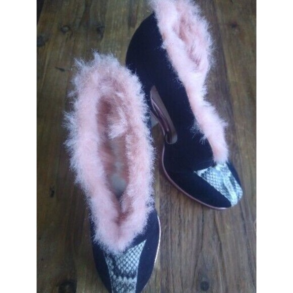ASOS Vintage Retro Glam 2015 Chunk Heel Snakeskin Pink Fur Accent MCM Art Deco - Picture 2 of 6